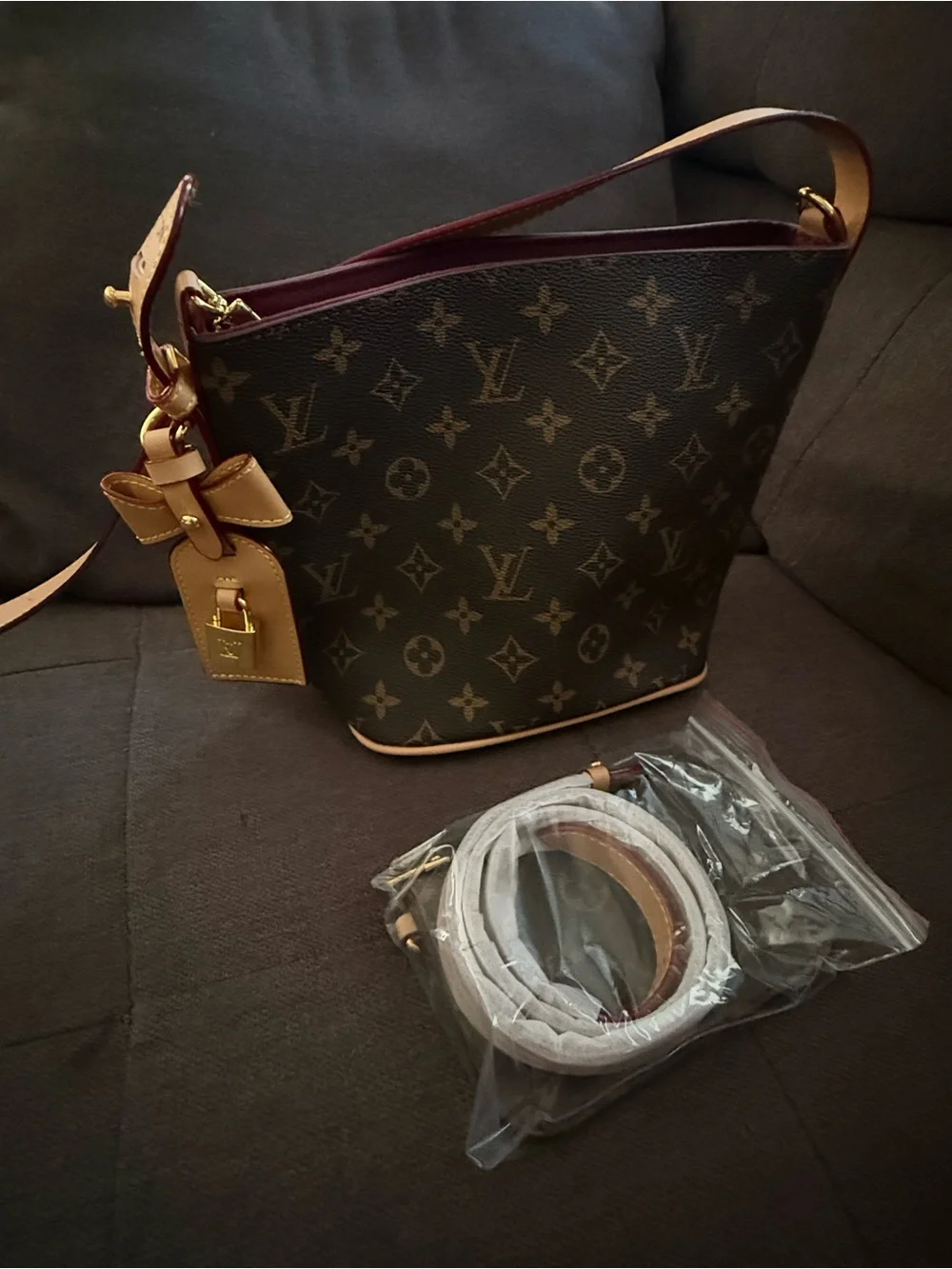Monogram Bucket Shoulder Bag in Brown and Tan